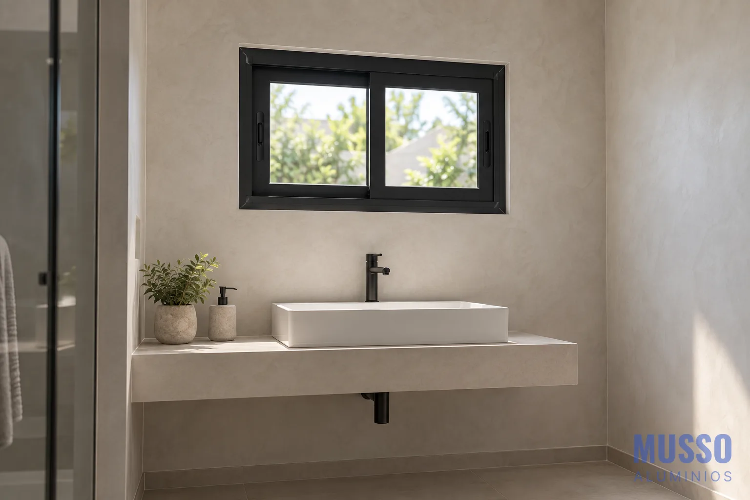 Modena Corrediza DVH de 60 × 40 cm en negro, instalada