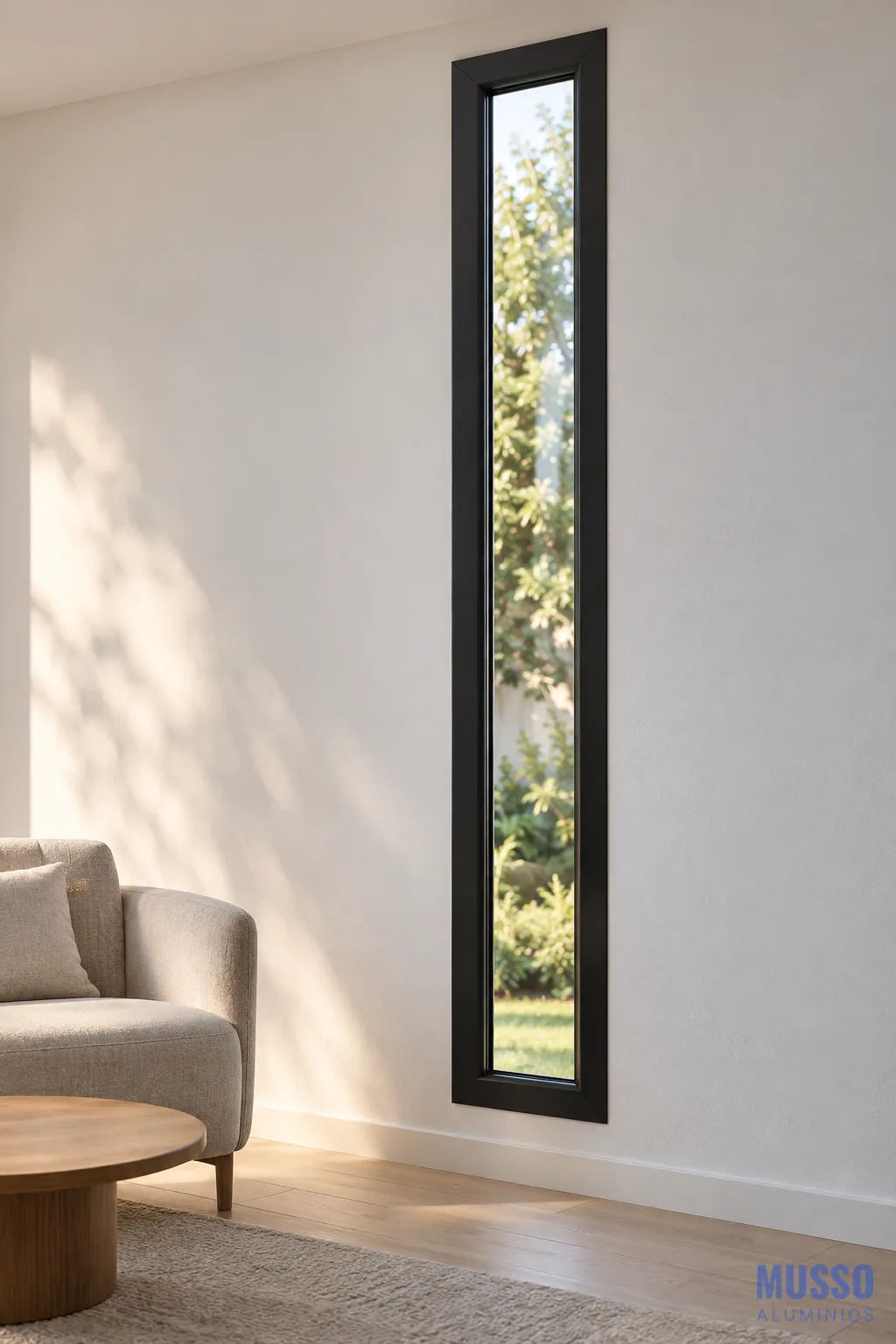 Modena Paño Fijo DVH de 30 × 200 cm en negro, instalada